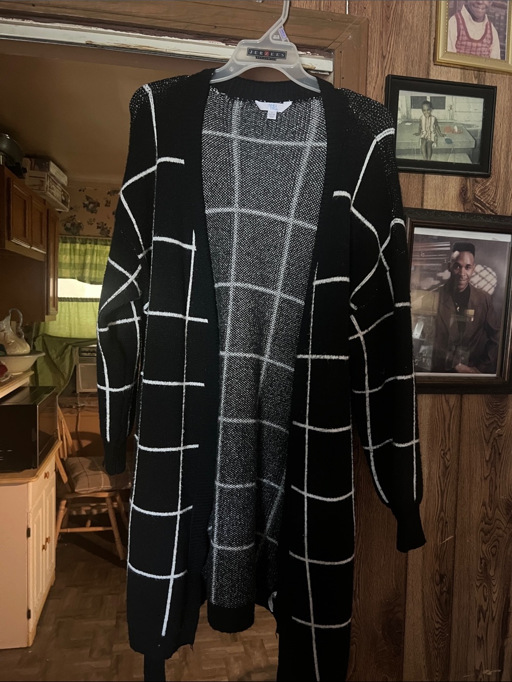 Time and Tru Black and White Windowpane Open-Front Cardigan